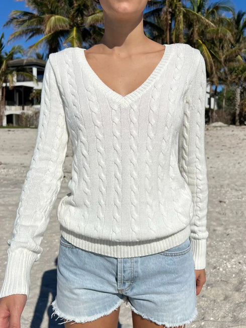 Cable Knit V-Neck Sweater - Fashorio