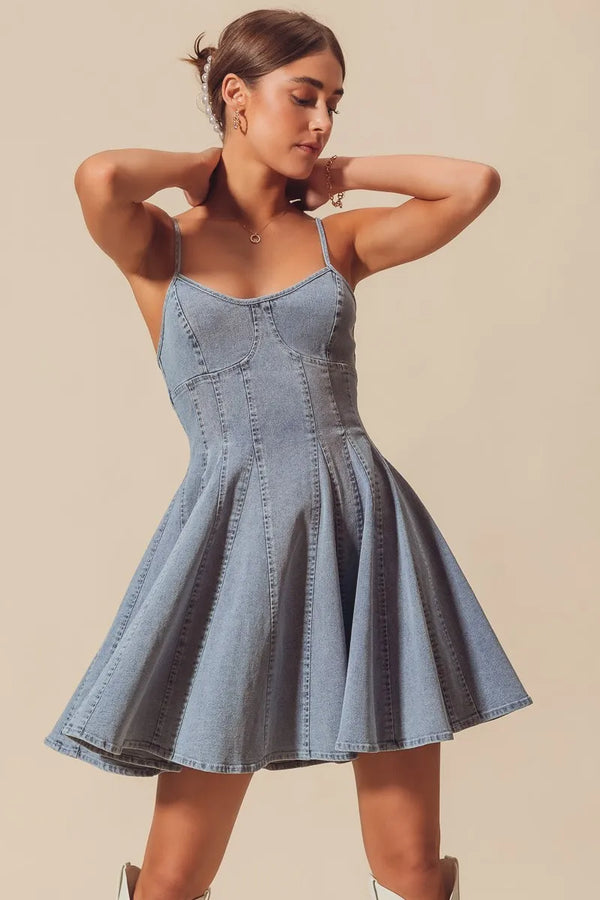 SO ME A Line Fit and Flare Denim Mini Dress DENIM - Fashorio