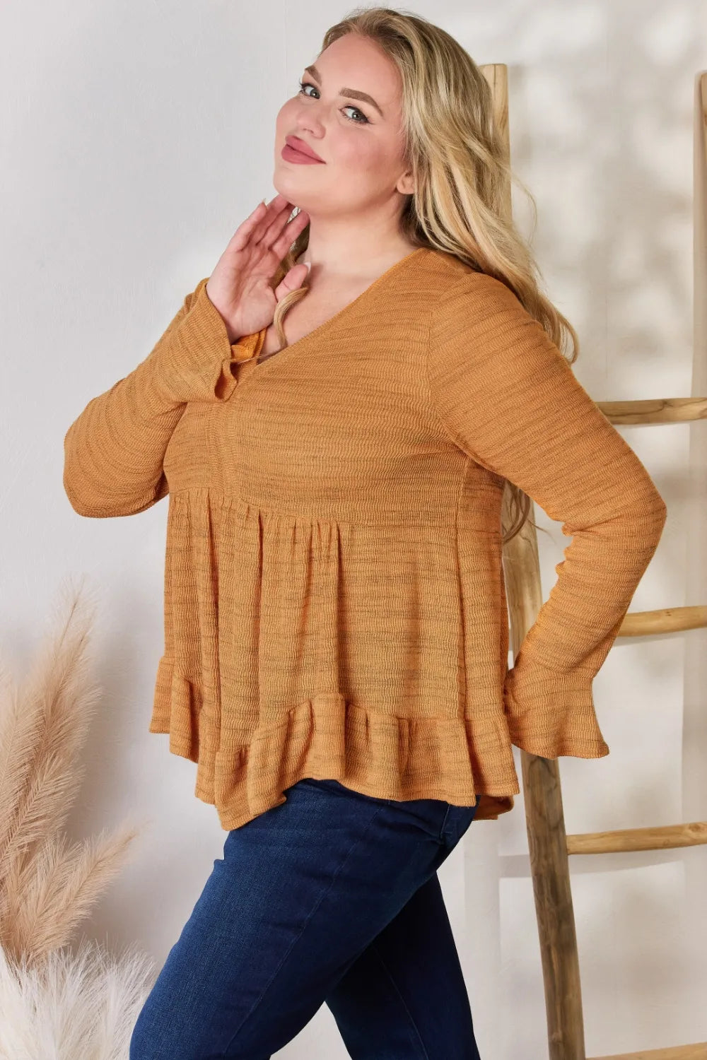 Hailey & Co Full Size V-Neck Flounce Sleeve Blouse - Fashorio