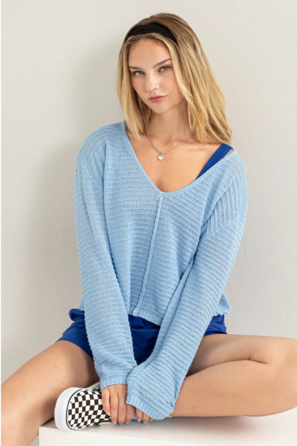 HYFVE V-Neck Stripe Texture Long Sleeve Top BABY BLUE - Fashorio