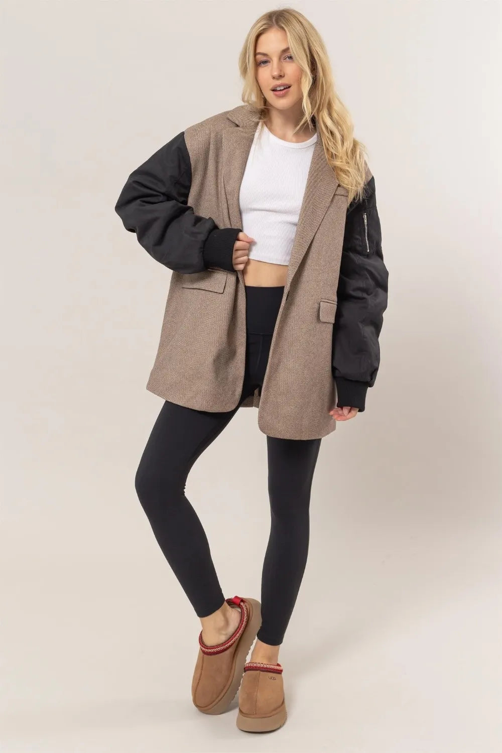 HYFVE Herringbone Mixed Media Contrast Long Sleeve Blazer - Fashorio