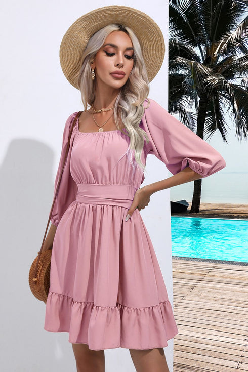 Square Neck Dress with Tie Back & Ruffle Hem – Flirty Fit - Fashorio