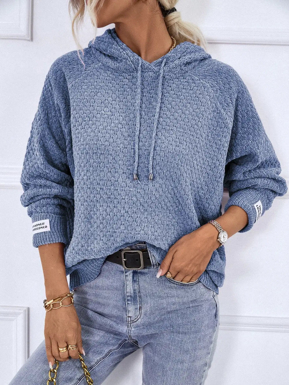 Texture Drawstring Long Sleeve Hooded Sweater - Fashorio