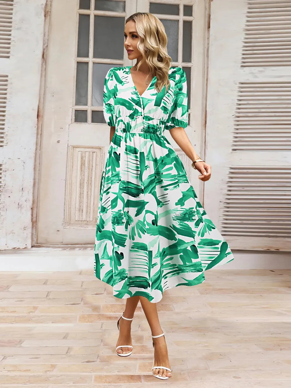 Ruched Printed Surplice Short Sleeve Dress Turquoise - Fashorio