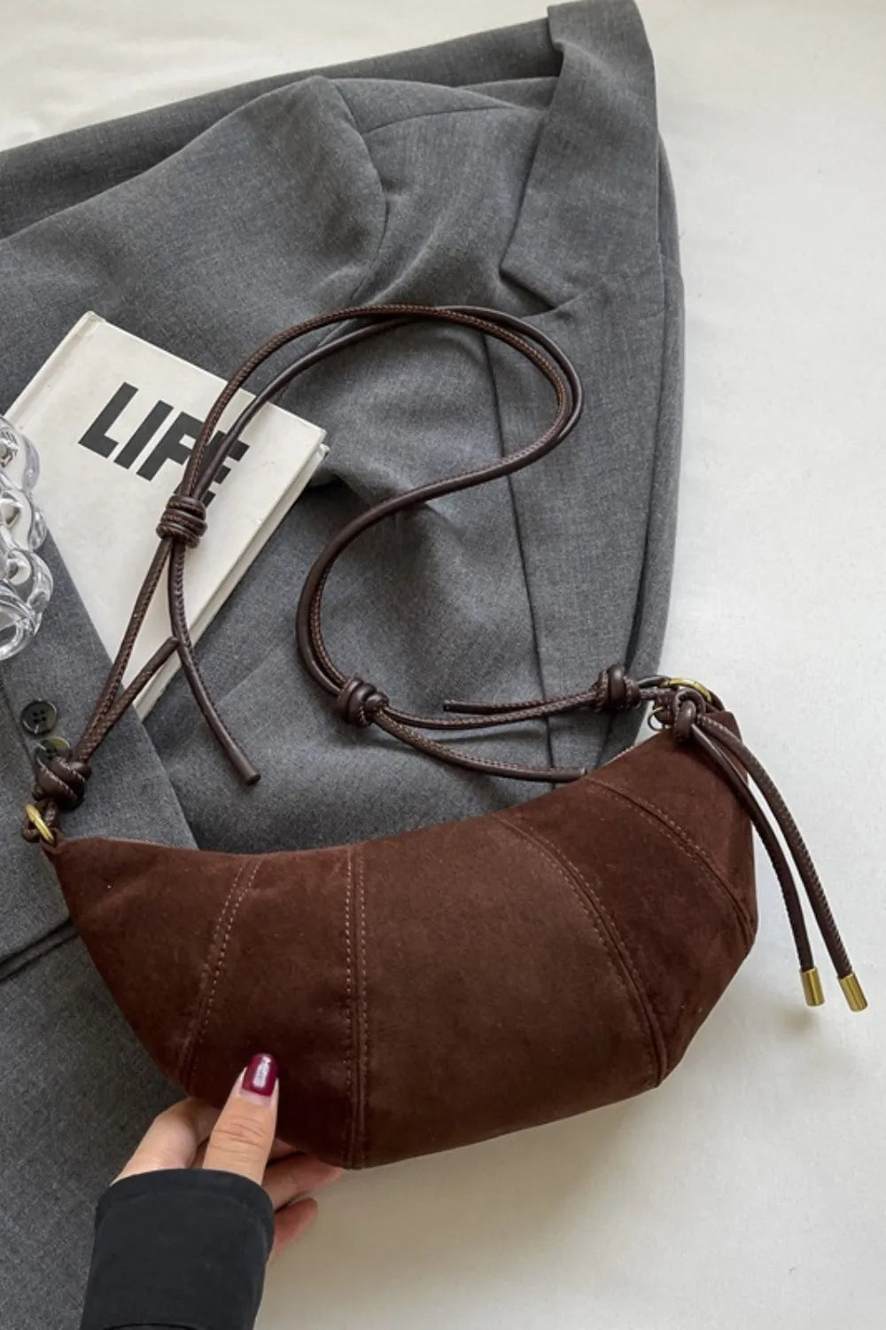 PU Leather Strap Suede Shoulder Bag Brown One Size - Fashorio