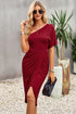 Devine Ruched One-Shoulder Tulip Hem Dress Burgundy - Fashorio
