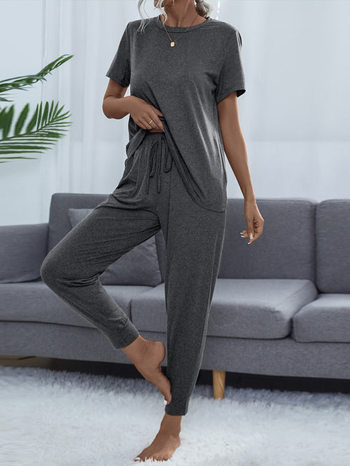 Shiny Round Neck Short Sleeve Top and Pants Set Charcoal - Fashorio