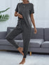 Shiny Round Neck Short Sleeve Top and Pants Set Charcoal - Fashorio