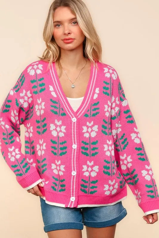 Haptics Full Size Floral Jacquard V-Neck Button Up Cardigan - Fashorio