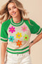 BiBi Crochet Flower Patches Striped Rib Band Sweater JADE - Fashorio