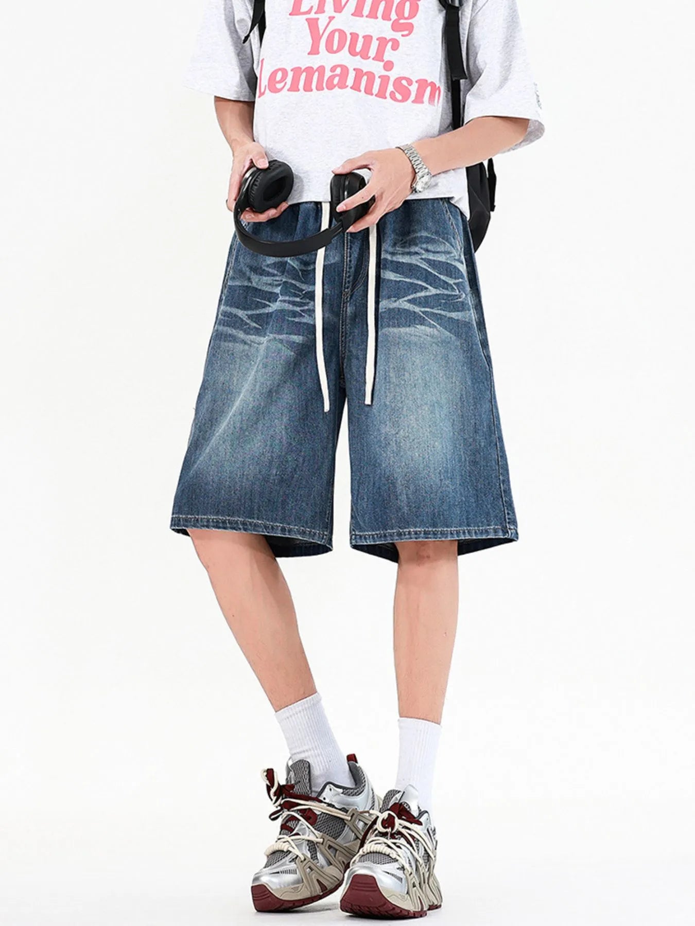 Men's Full Size Relaxed Fit Denim Shorts with Drawstring Waist Plus Size - Fashorio