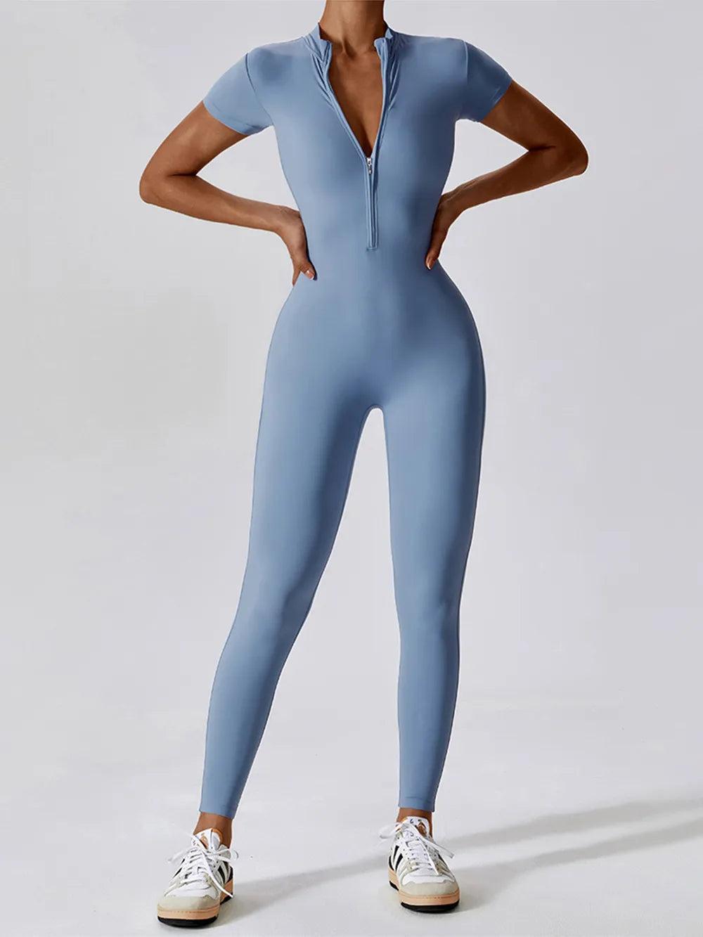 Basic Bae Half Zip Short Sleeve Active Jumpsuit Light Blue - Fashorio