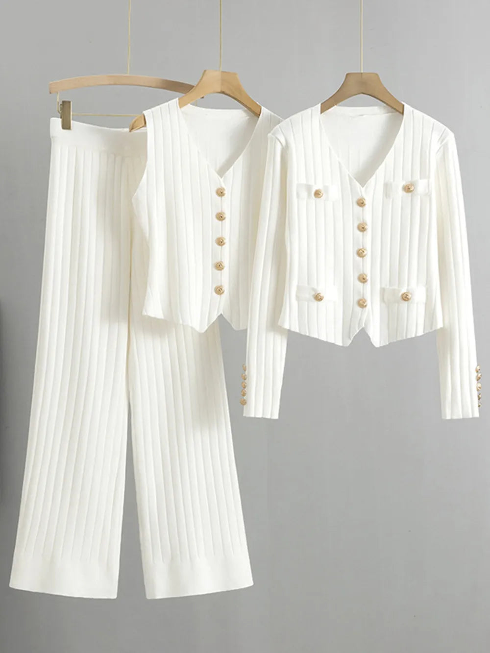 V-Neck Tank, Cardigan and Pants Three-Piece Sweater Set - Fashorio