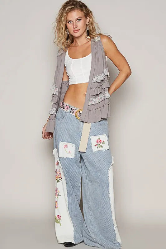 POL Ruffled Open Front Sleeveless Cardigan - Fashorio