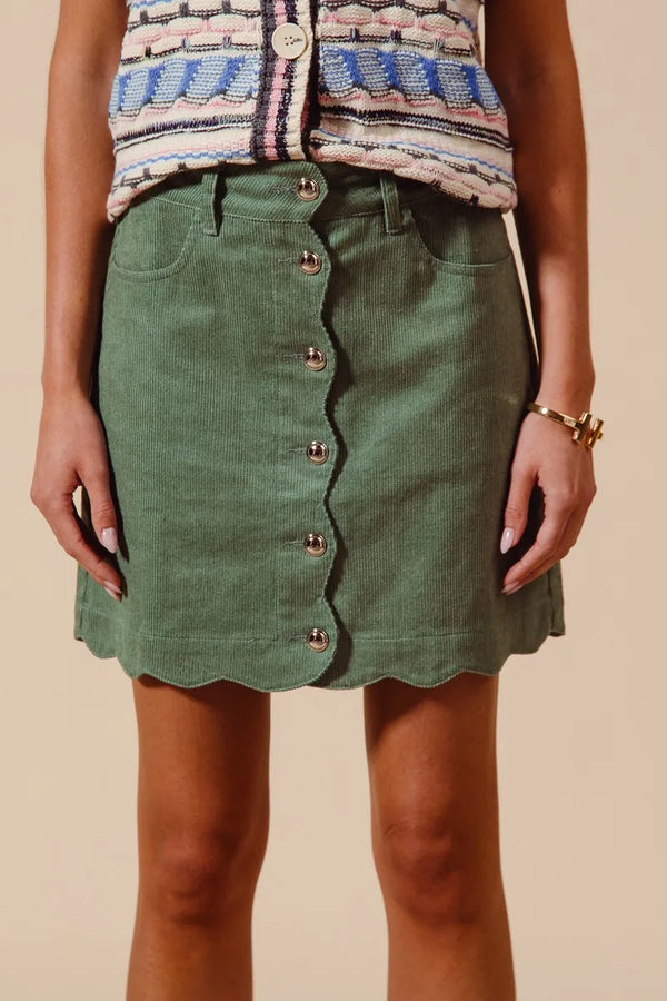 SO ME Scallop Buttoned Front Corduroy Mini Skirt DUSTY SAGE - Fashorio