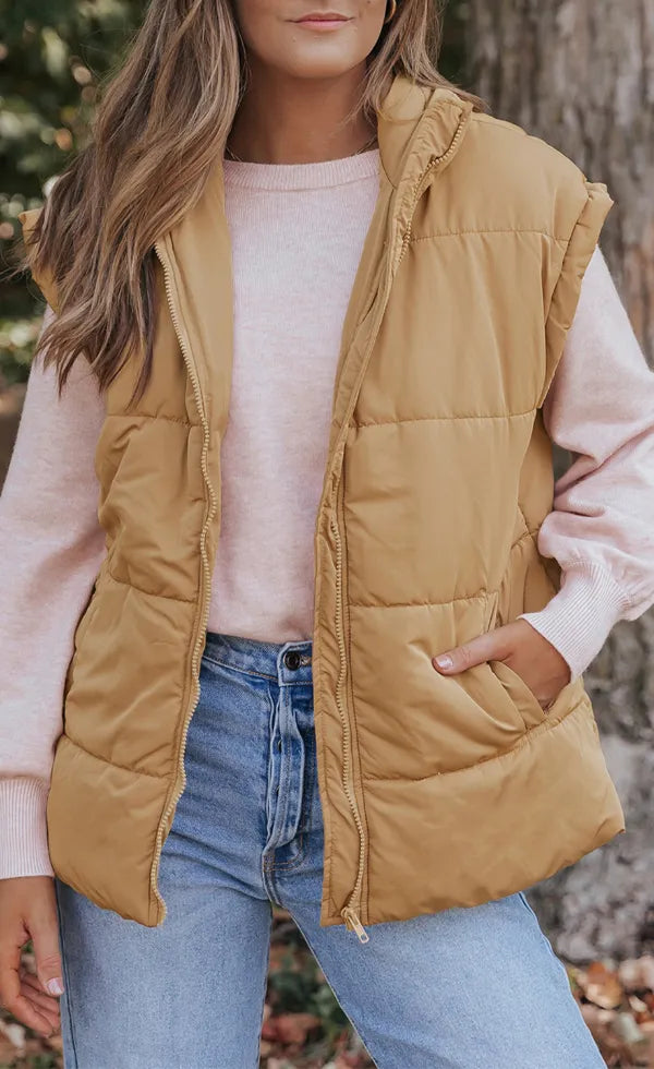 Zip Up Vest Coat with Pockets Tan - Fashorio