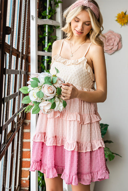 Color Block Swiss Dot Ruffled Tiered Spaghetti Strap Dress - Fashorio