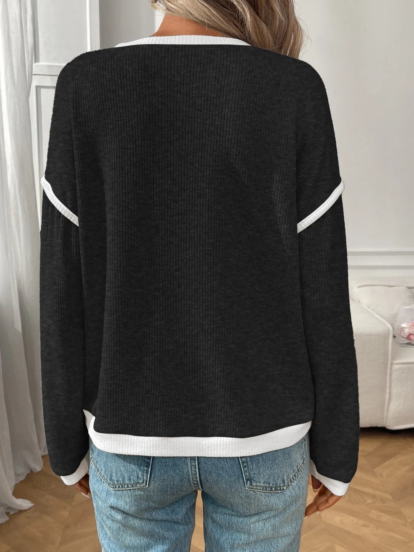 Ribbed Contrast Trim Long Sleeve Top - Fashorio