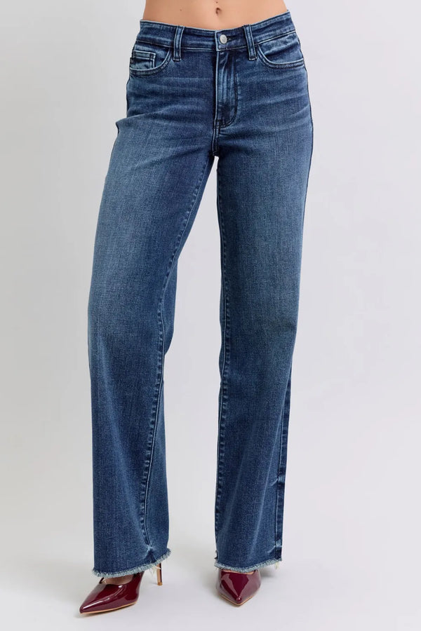 Judy Blue Full Size Raw Hem Mid Rise Jeans – Frayed Denim Dark - Fashorio