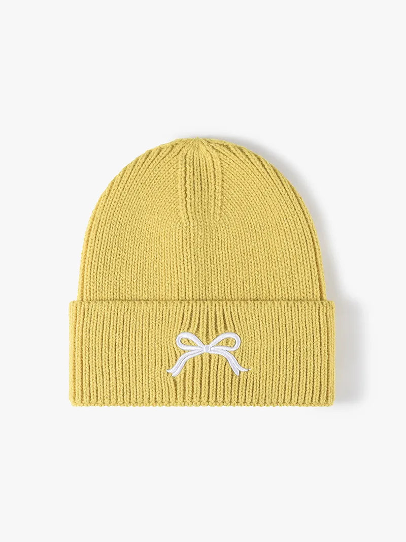Embroidered Bow Knit Hat Yellow One Size - Fashorio