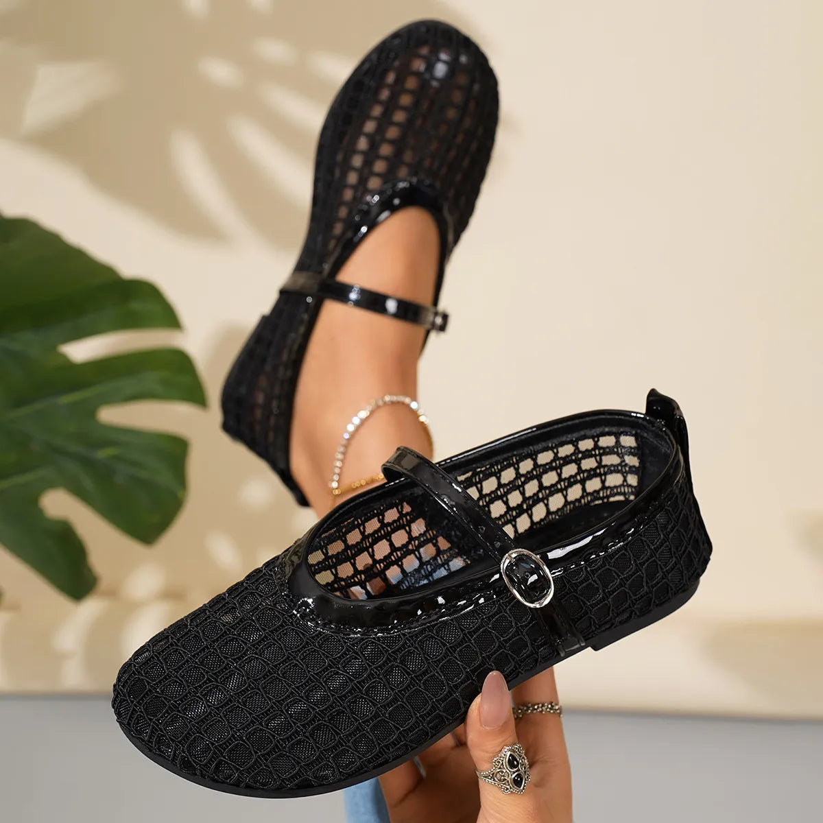 Woven Mesh Mary Jane Sandals with Buckle Strap Black - Fashorio