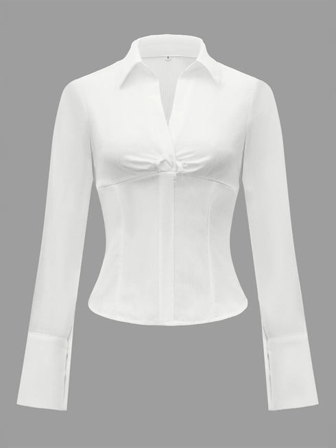 Ruched Striped Collared Neck Long Sleeve Shirt - Fashorio