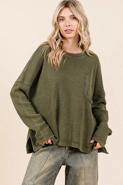 Mittoshop Mineral Wash Cutout Pocket Long Sleeve Waffle Top - Fashorio