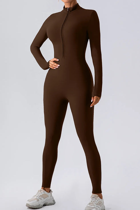 Half Zip Mock Neck Active Jumpsuit Chocolate - Fashorio