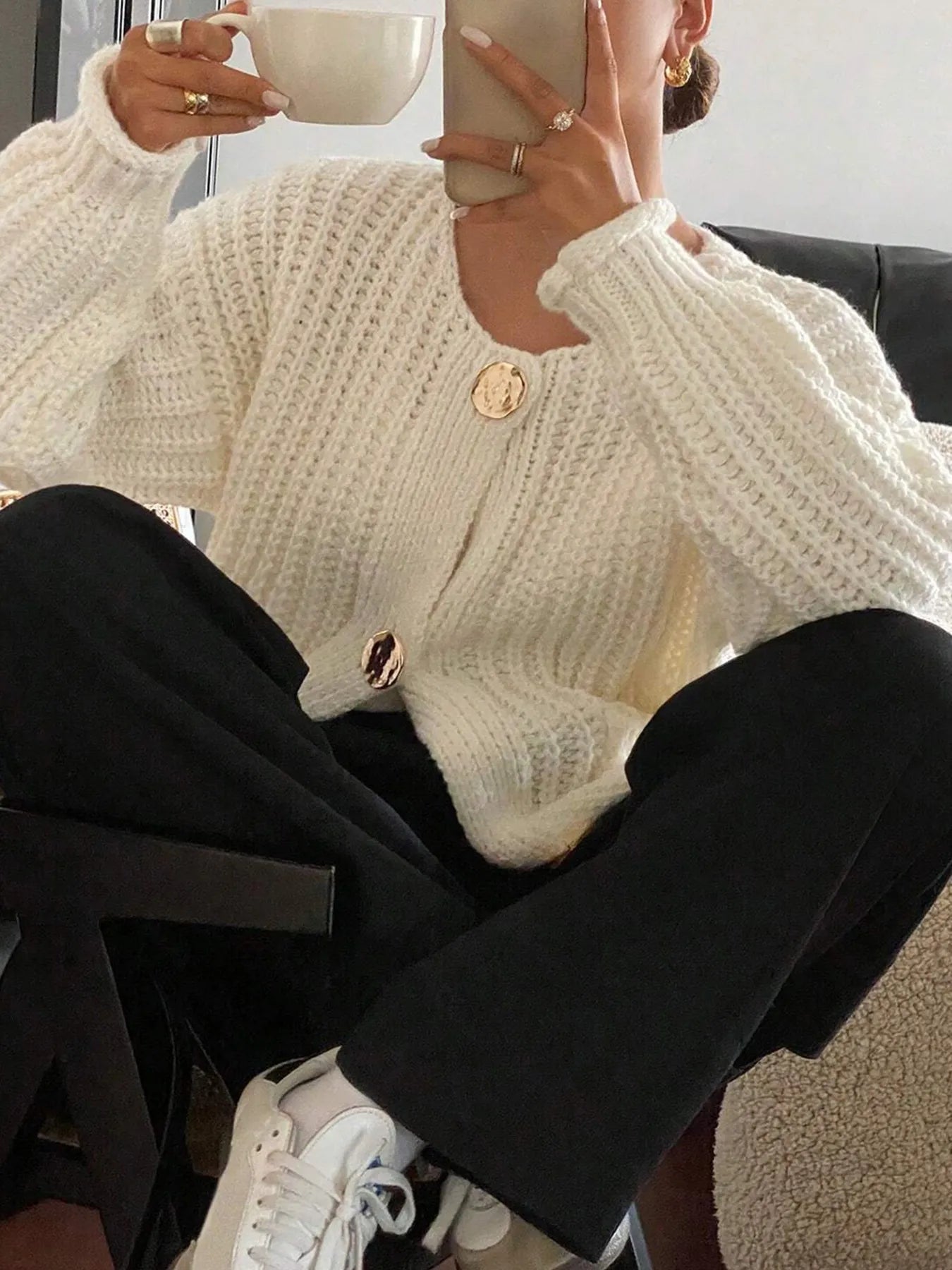 Button-Front Knit Cardigan with Pockets - Fashorio