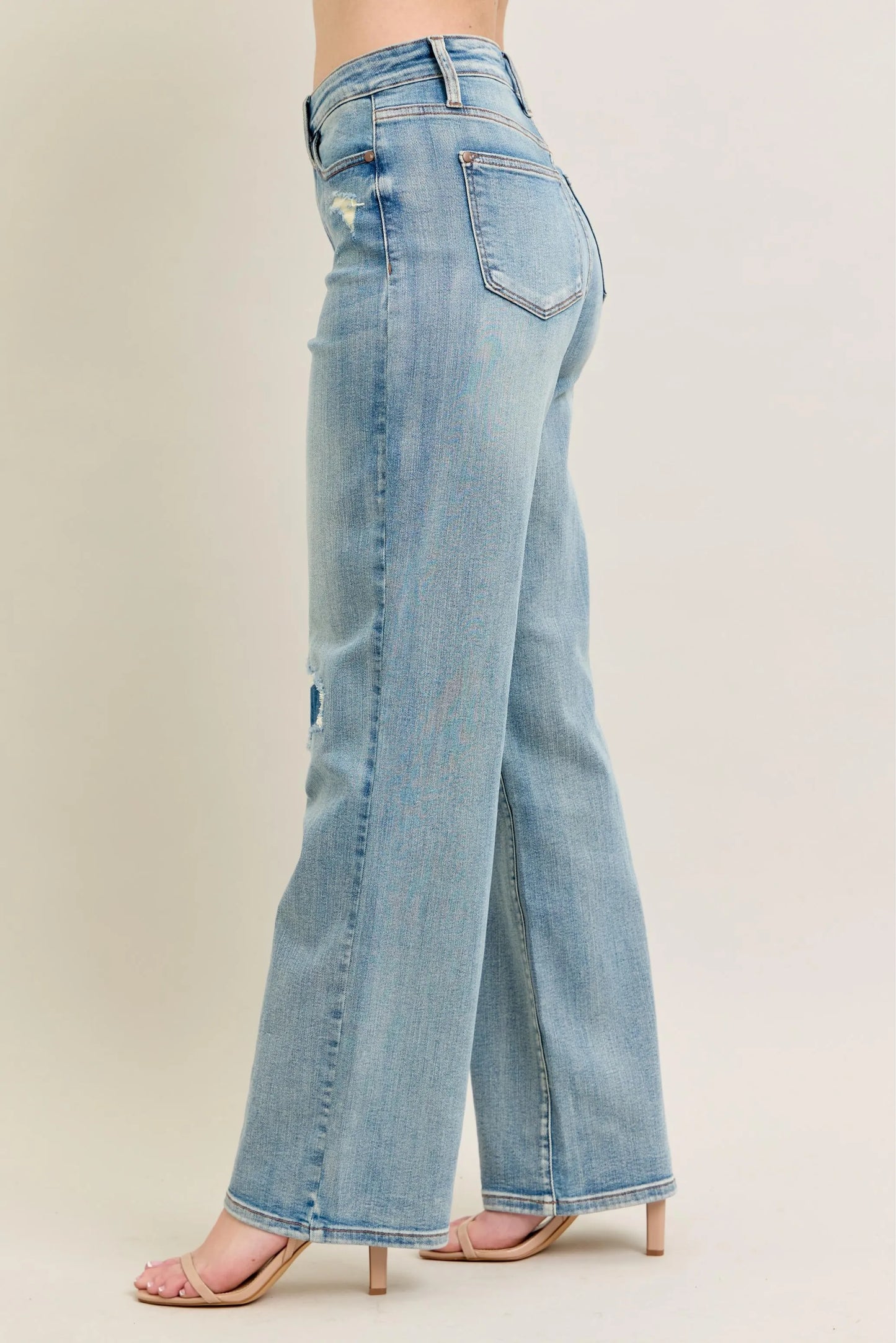 Judy Blue Full Size Hw Destroy & Knee Patch Straight Jeans Plus Size - Fashorio