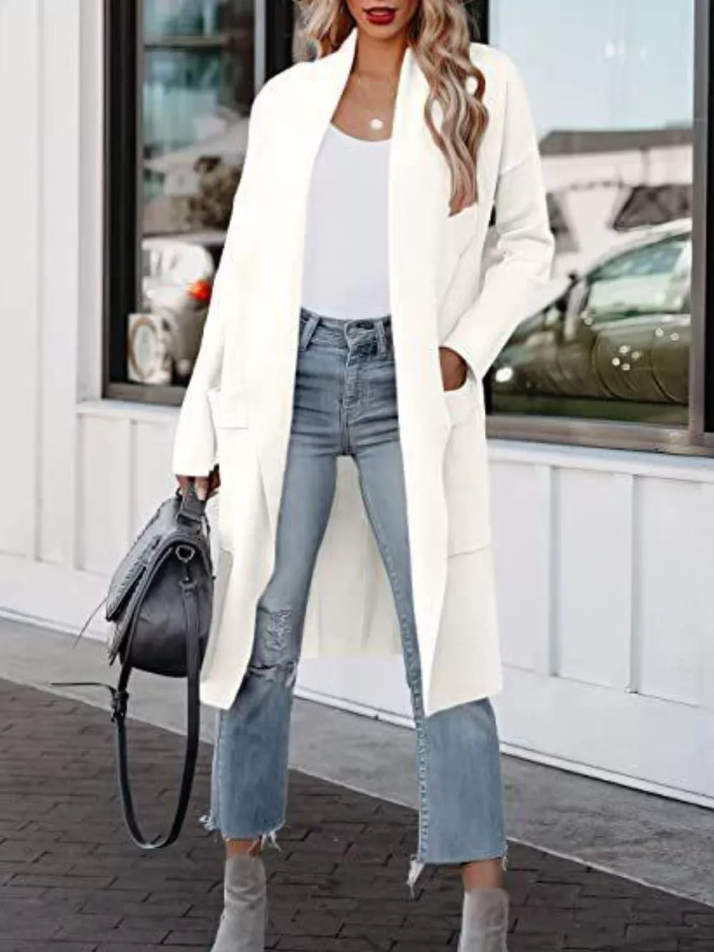 Open Front Dropped Shoulder Outerwear White - Fashorio
