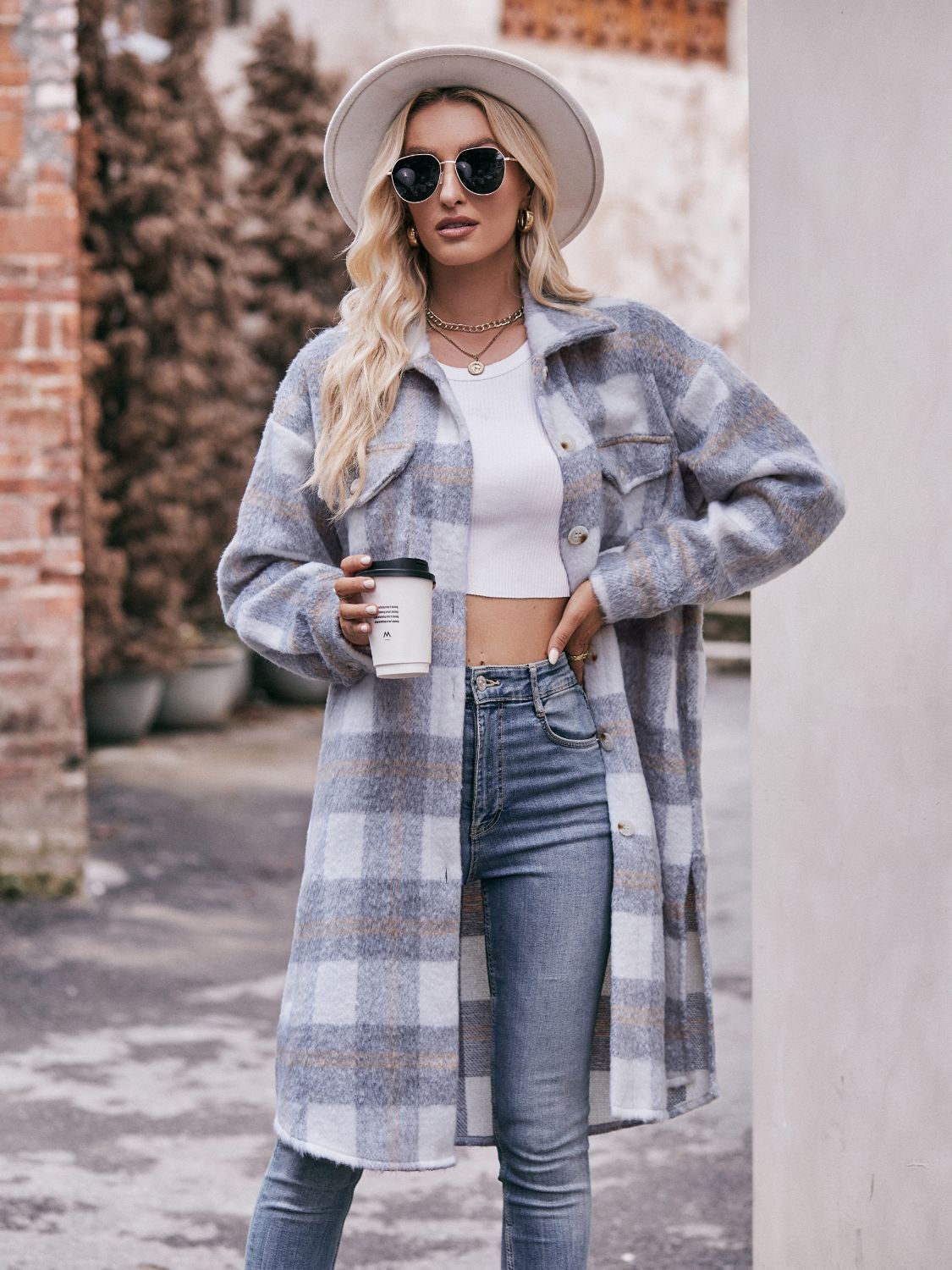 Mandy Plaid Dropped Shoulder Slit Coat - Fashorio