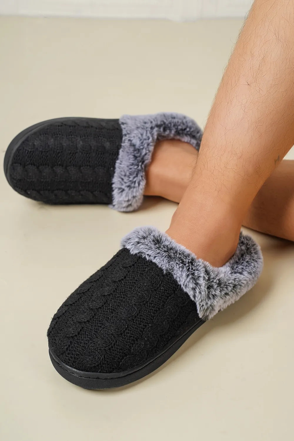 Cable-Knit Fluff Round Toe Slippers - Fashorio