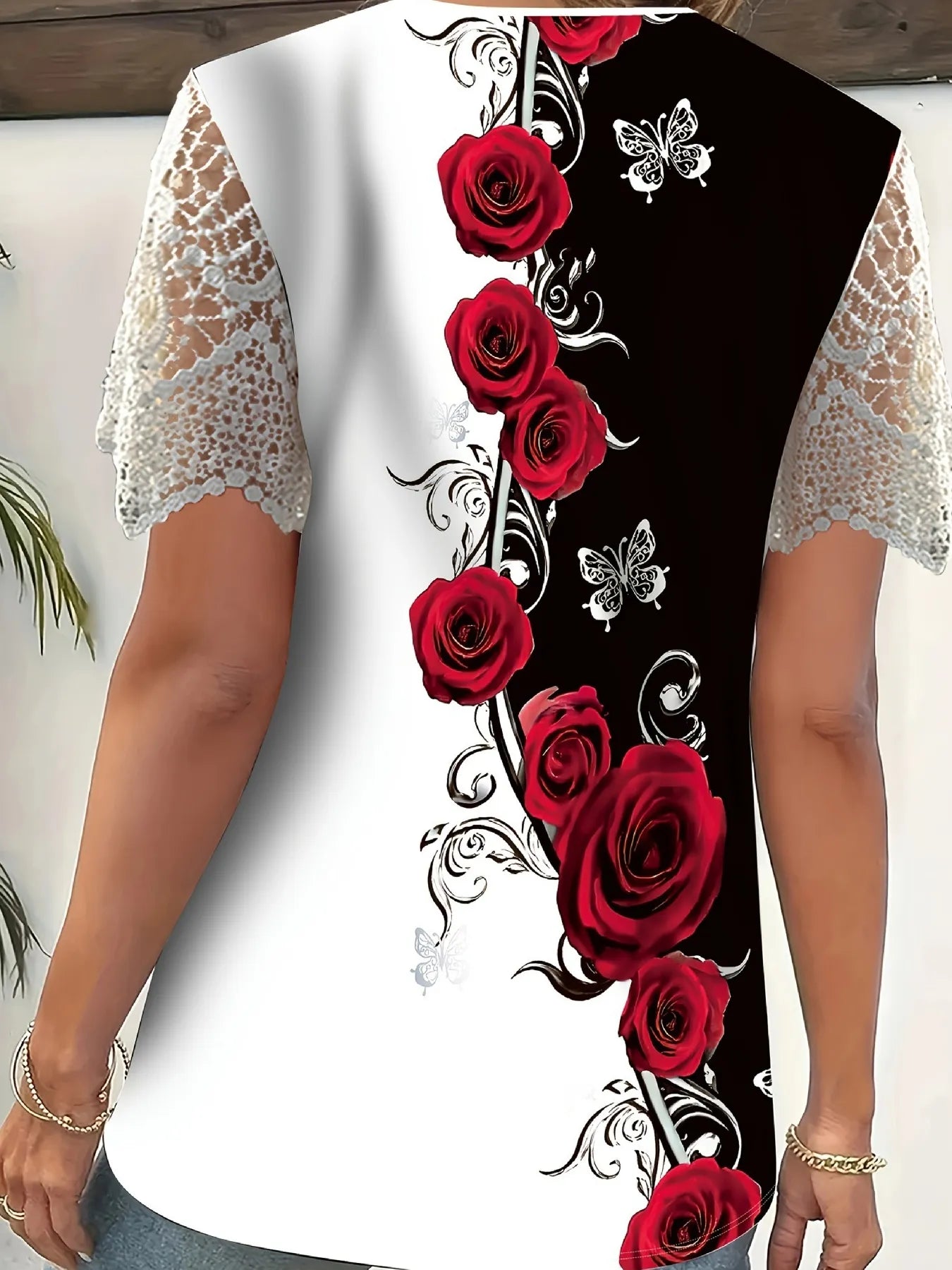 Full Size Printed Lace Sleeve V-Neck T-Shirt Plus Size - Fashorio