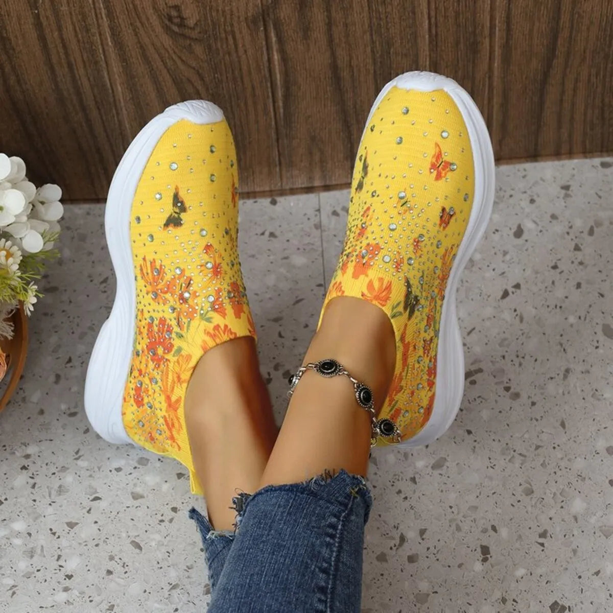Rhinestone Floral Print Sneakers - Fashorio