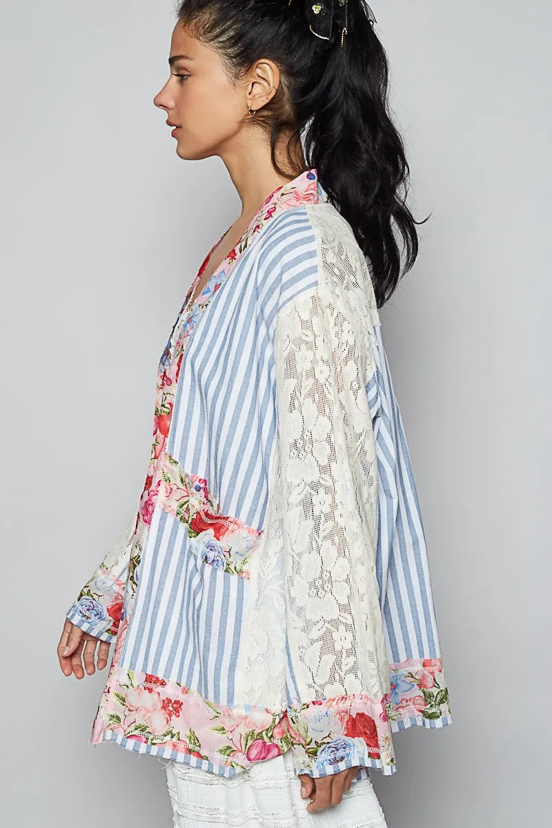 POL Lace Long Sleeve Striped Cardigan with Floral Patchwork Detail - Fashorio