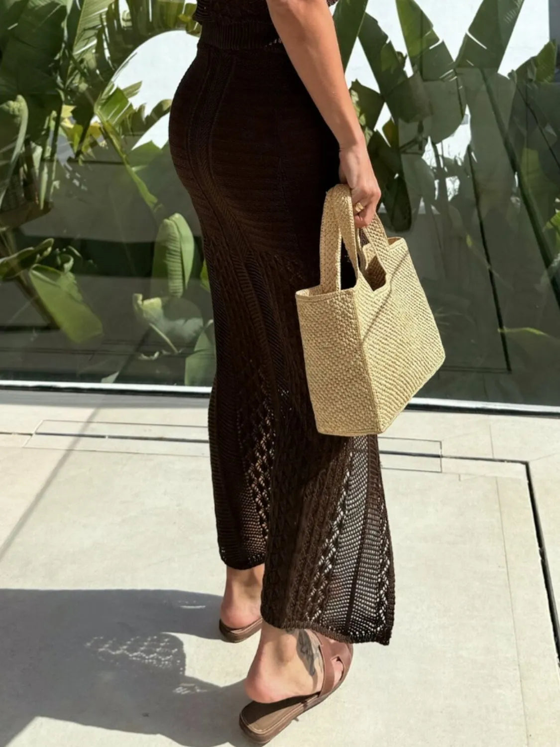 Openwork Round Neck Top and Slit Skirt Sweater Set - Fashorio