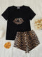 Leopard Lip Graphic Top and Shorts Lounge Set Black - Fashorio