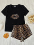 Leopard Lip Graphic Top and Shorts Lounge Set Black - Fashorio