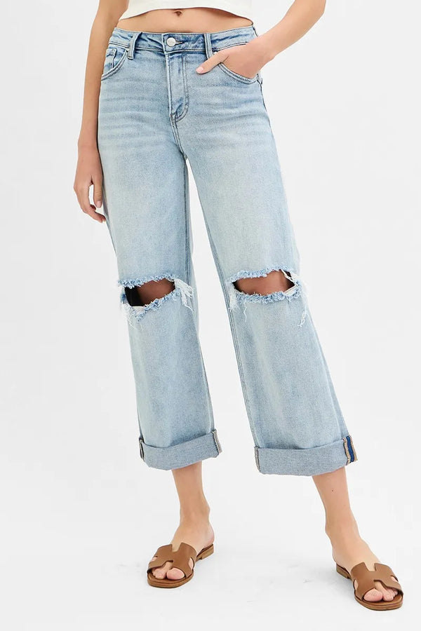 RISEN Full Size Mid Rise Fit Boyfriend Jeans with Cuff Plus Size LIGHT - Fashorio