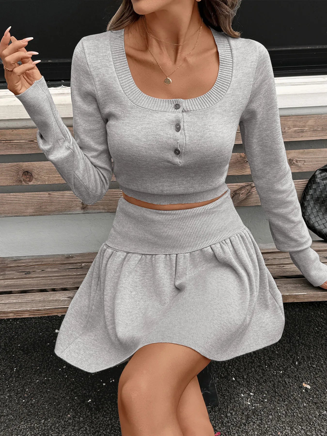 Ribbed Long Sleeve Top and Skirt Knit Set - Fashorio