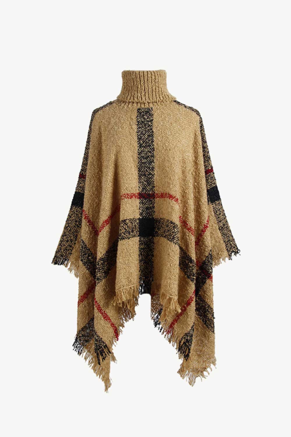 Plaid Turtleneck Raw Hem Poncho Camel One Size - Fashorio