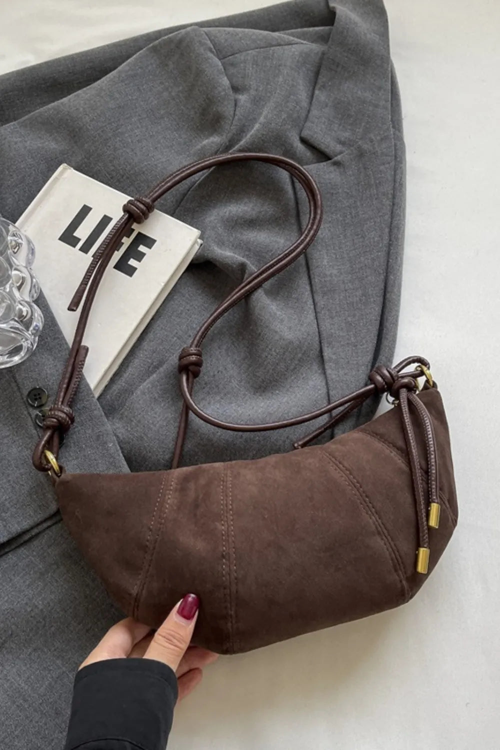 PU Leather Strap Suede Shoulder Bag Coffee Brown One Size - Fashorio
