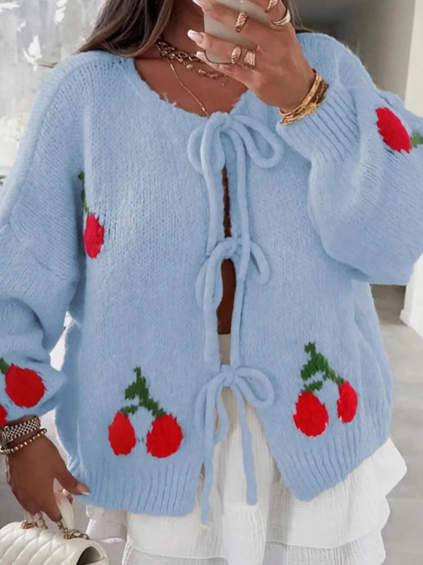 Cherry Pattern Tie-Front Oversized Cardigan - Fashorio