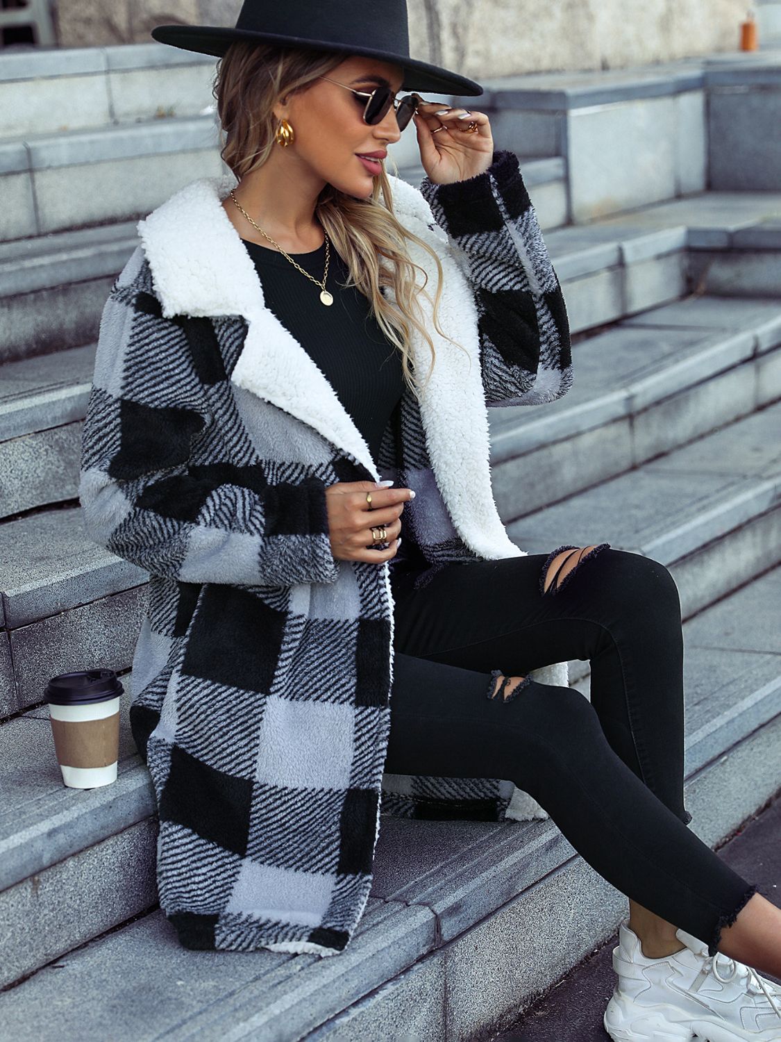 Plaid Open Front Coat with Pockets - Fashorio
