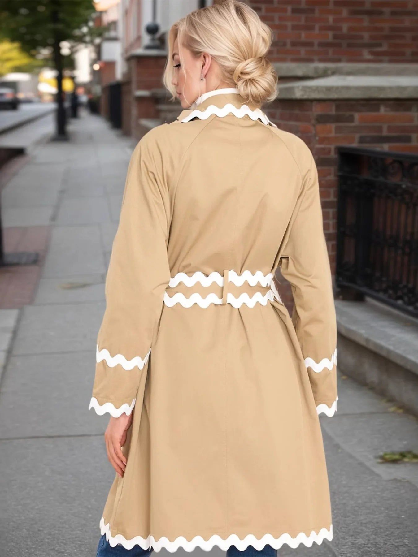 Scalloped Trim Long Sleeve Trench Coat - Fashorio