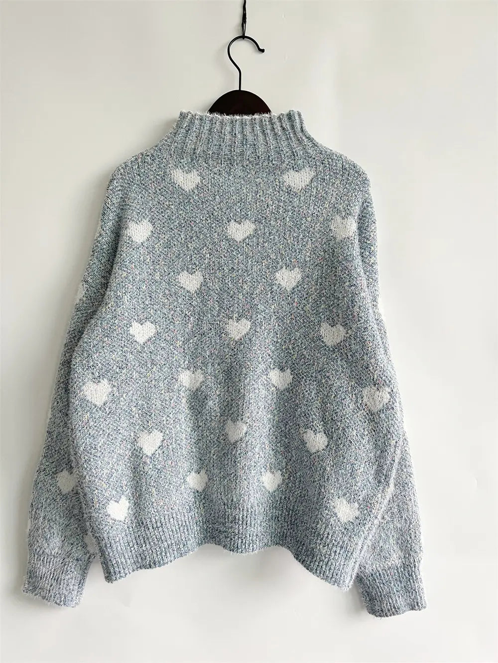 Heart Heathered Turtleneck Drop Shoulder Sweater - Fashorio