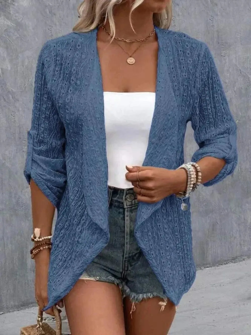 Eyelet Roll-Tab Sleeve Cardigan Dusty Blue - Fashorio