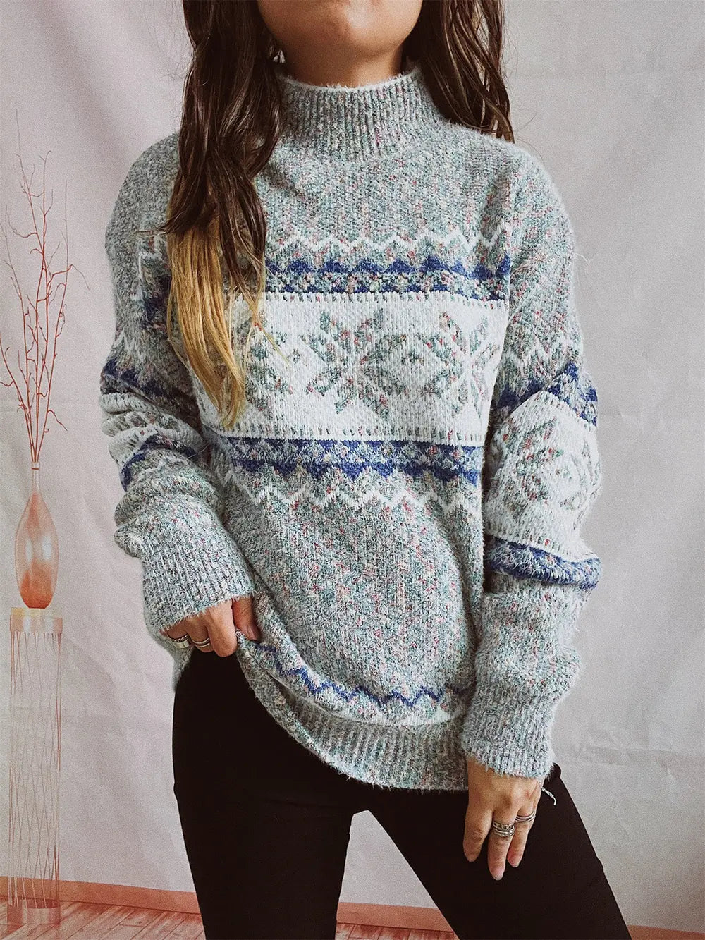 Geometric Mock Neck Dropped Shoulder Sweater Cloudy Blue - Fashorio