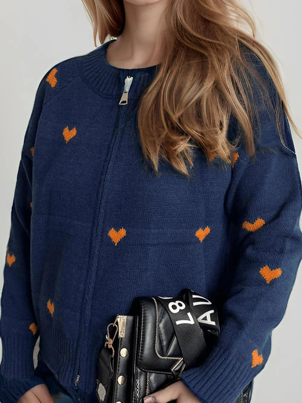 Heart Round Neck Zip Up Cardigan - Fashorio